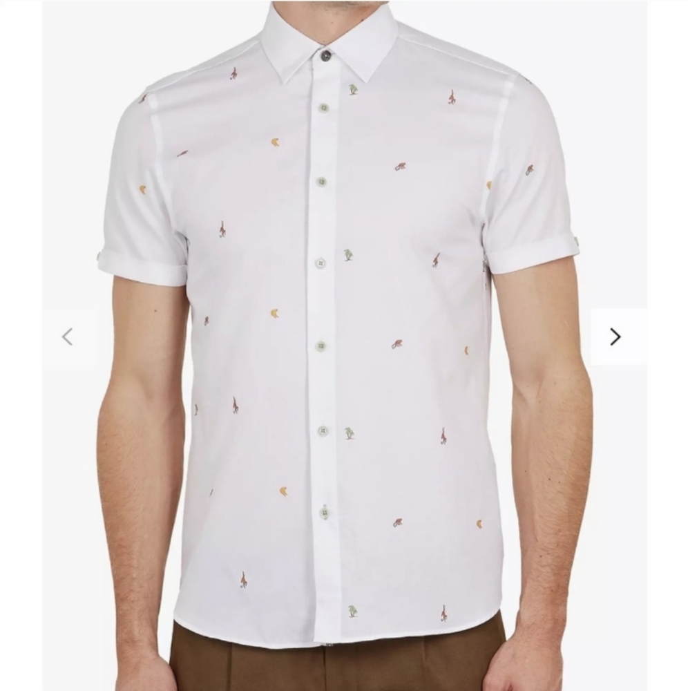 Ted Baker London Monkie Monkey Embroidery Short Sleeve Shirt Palms Bananas L